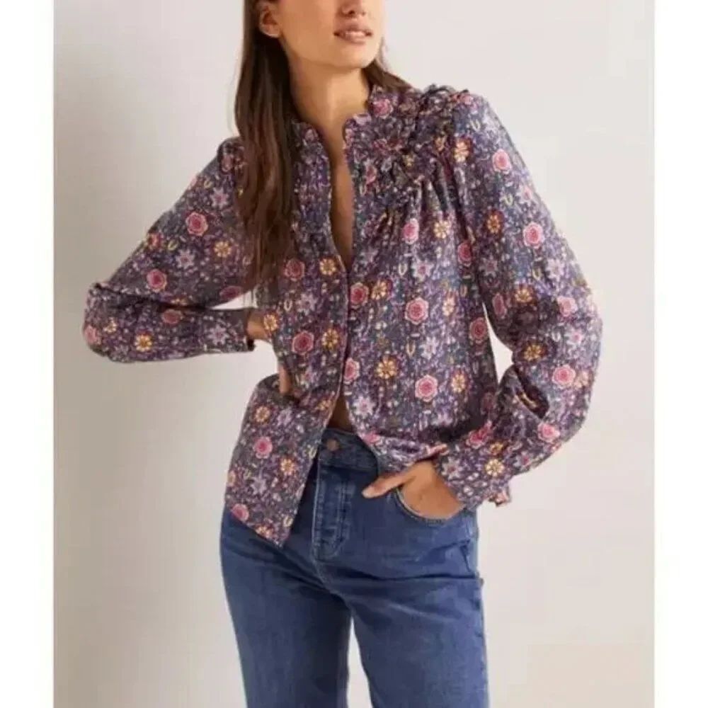 Boden Womens Blouse Top UK 10 US 6 Midnight Blue Frilled High Neck T1065 NWT